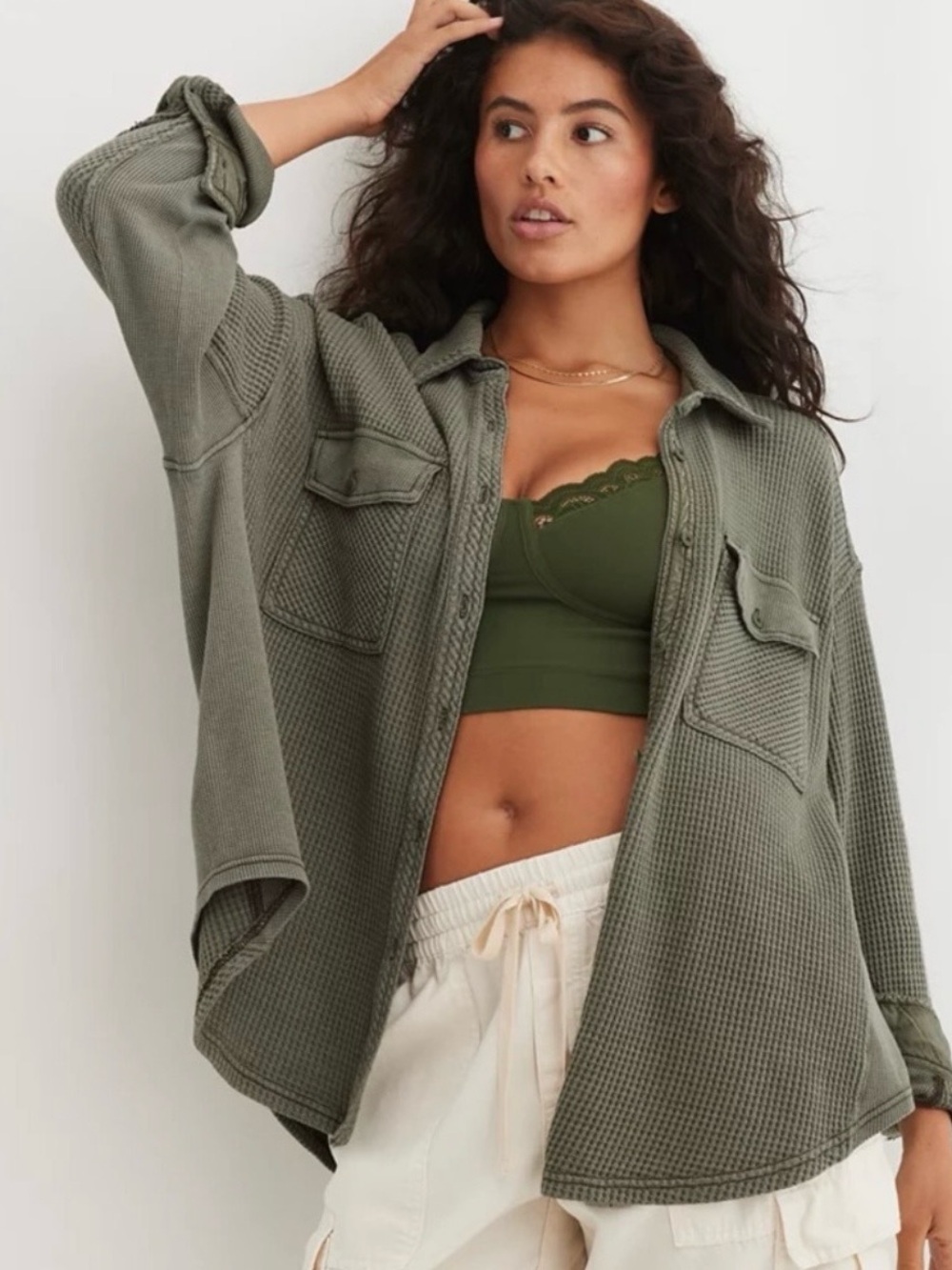 aerie Army Green Oversized Waffle Knit Buttondown